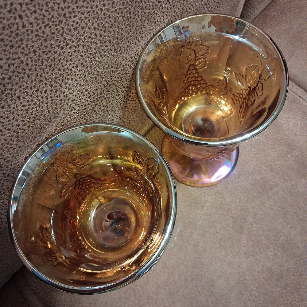 1970s Indiana Glass Iridescent Amber Grape Pattern Goblets